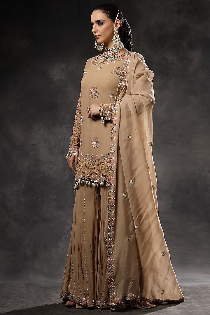 Beige Georgette Bridal Sharara Set by Miku Kumar at Pernia's Pop Up Shop