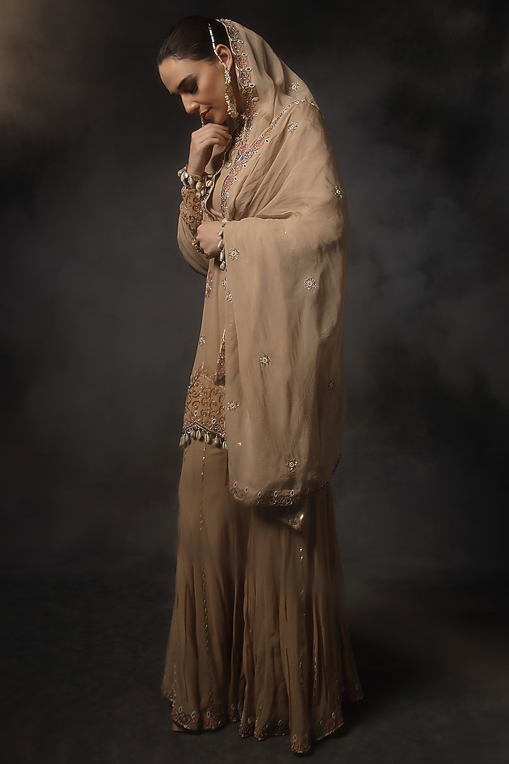 Beige Georgette Bridal Sharara Set by Miku Kumar at Pernia's Pop Up Shop
