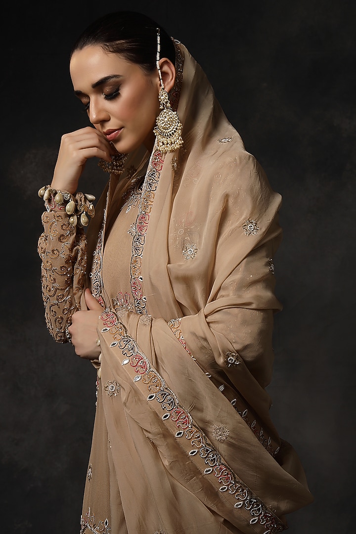 Beige Georgette Bridal Sharara Set by Miku Kumar at Pernia's Pop Up Shop