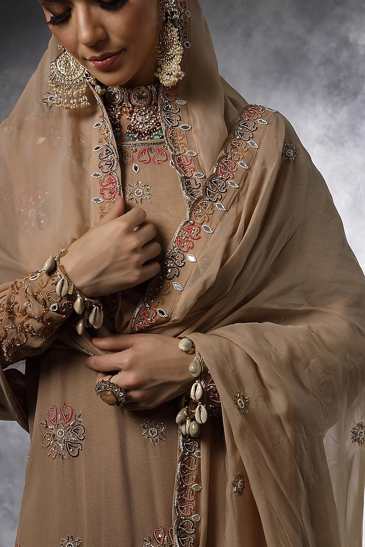 Beige Georgette Bridal Sharara Set by Miku Kumar at Pernia's Pop Up Shop
