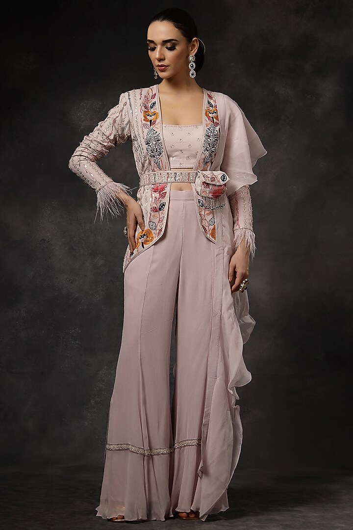 Blush Pink Georgette Bell-Bottom Pant Set by Miku Kumar at Pernia's Pop Up Shop