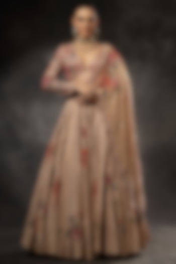 Blush Pink Georgette Shimmer Tissue Floral Embroidered Bridal Lehenga Set by Miku Kumar at Pernia's Pop Up Shop
