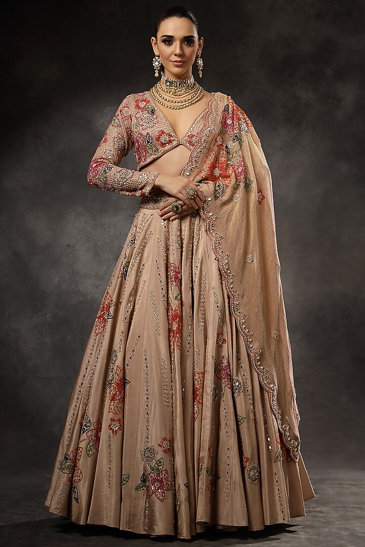 Blush Pink Georgette Shimmer Tissue Floral Embroidered Bridal Lehenga Set by Miku Kumar at Pernia's Pop Up Shop