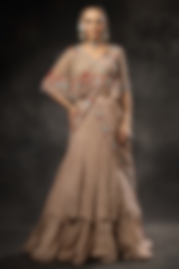 Blush Pink Georgette Shimmer Tissue Hand Embroidered Reception Lehenga Saree Set by Miku Kumar at Pernia's Pop Up Shop