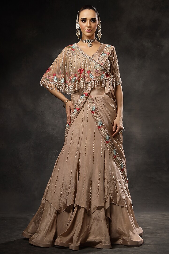 Blush Pink Georgette Shimmer Tissue Hand Embroidered Reception Lehenga Saree Set by Miku Kumar at Pernia's Pop Up Shop