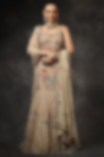Beige Butterfly Net Crystal Embroidered Fish-Cut Bridal Lehenga Set by Miku Kumar at Pernia's Pop Up Shop