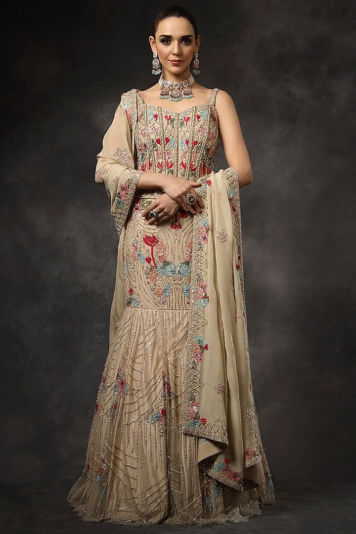 Beige Butterfly Net Crystal Embroidered Fish-Cut Bridal Lehenga Set by Miku Kumar at Pernia's Pop Up Shop