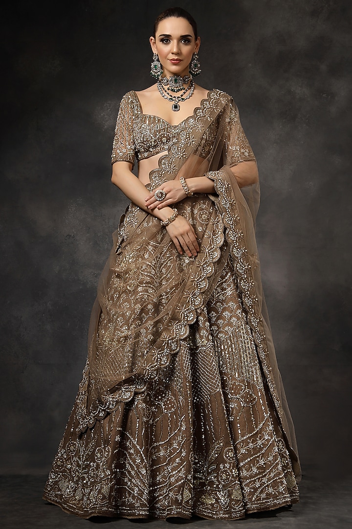 Mocha Brown Butterfly Net Sequin Embroidered Bridal Lehenga Set by Miku Kumar at Pernia's Pop Up Shop