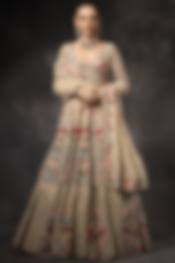 Beige Georgette Sequin & Cutdana Embellished Bridal Lehenga Set by Miku Kumar at Pernia's Pop Up Shop