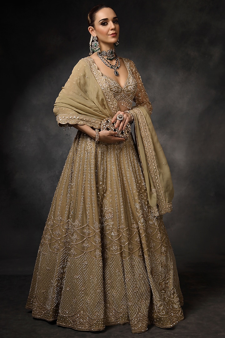 Olive Gold Silk Sequin Embellished Bridal Lehenga Set by Miku Kumar at Pernia's Pop Up Shop