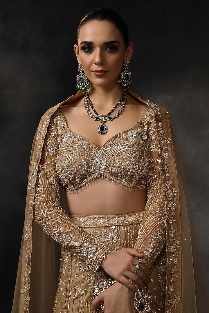 Beige Butterfly Net Sequins Embellished Fish-Cut Bridal Lehenga Set by Miku Kumar at Pernia's Pop Up Shop