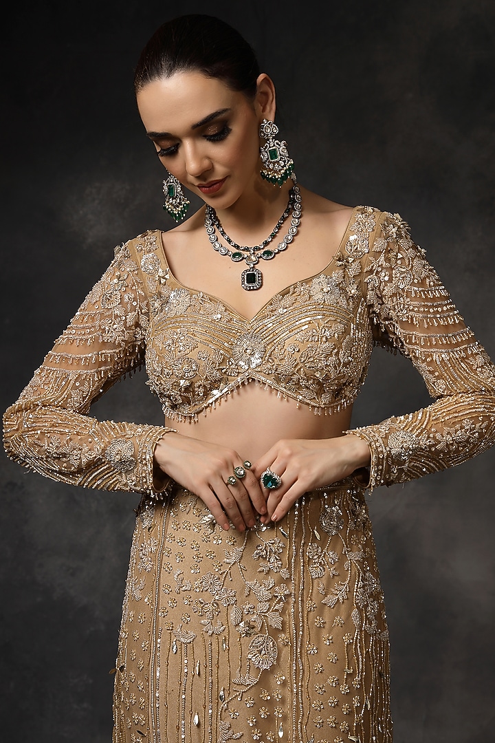 Beige Butterfly Net Sequins Embellished Fish-Cut Bridal Lehenga Set by Miku Kumar at Pernia's Pop Up Shop