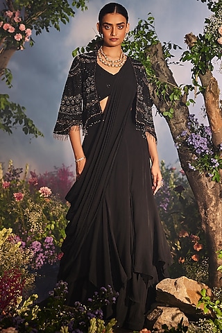 Black Georgette Draped Lehenga Saree Set by Miku Kumar