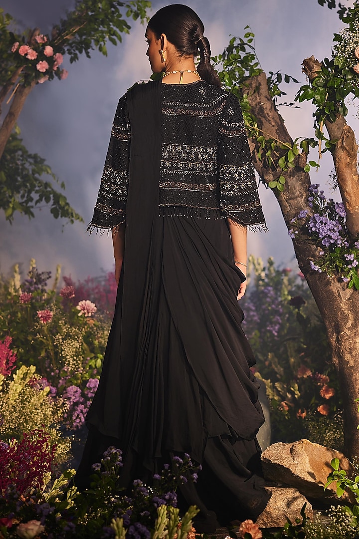 Black Georgette Draped Wedding Lehenga Saree Set by Miku Kumar at Pernia's Pop Up Shop
