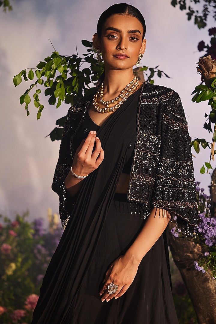 Black Georgette Draped Wedding Lehenga Saree Set by Miku Kumar at Pernia's Pop Up Shop