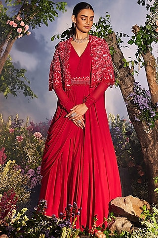 Cherry Red Georgette Draped Cape Anarkali by Miku Kumar