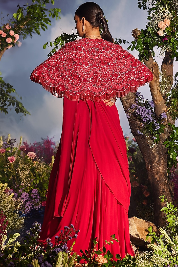 Cherry Red Georgette Draped Cape Wedding Anarkali by Miku Kumar at Pernia's Pop Up Shop