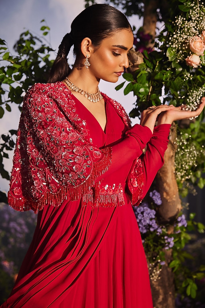 Cherry Red Georgette Draped Cape Wedding Anarkali by Miku Kumar at Pernia's Pop Up Shop