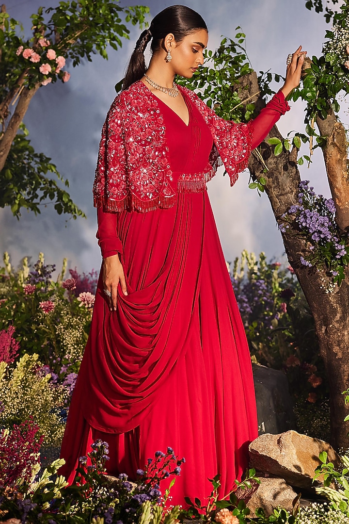 Cherry Red Georgette Draped Cape Wedding Anarkali by Miku Kumar at Pernia's Pop Up Shop