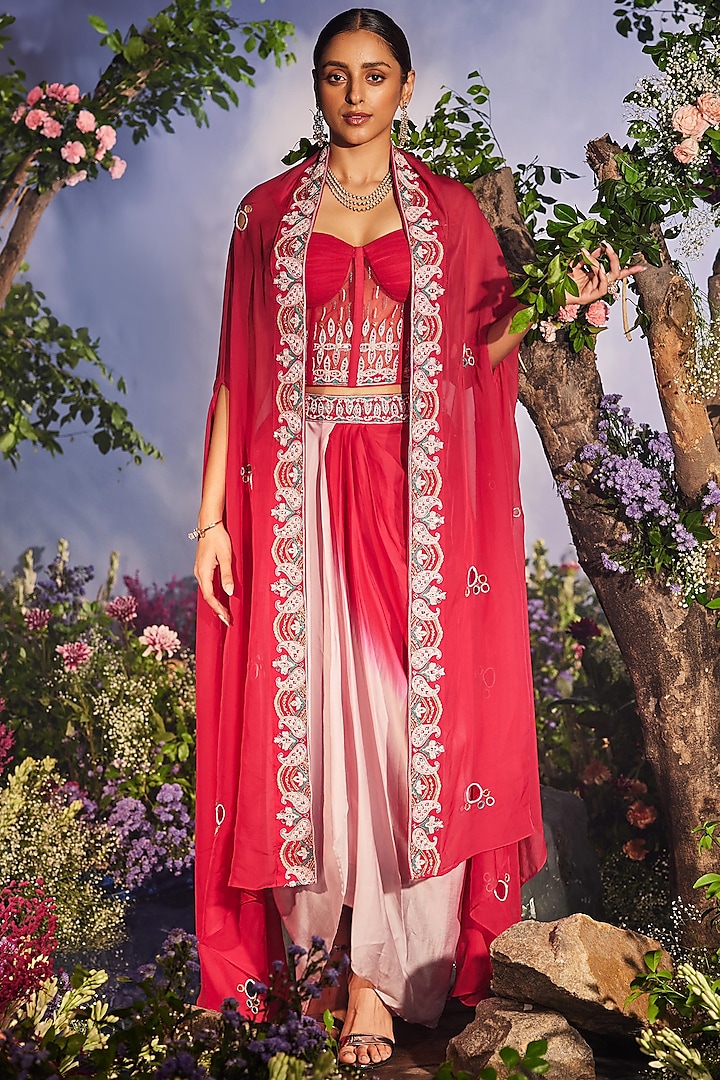 Cherry Red Georgette Sequins Embroidered Cape Set by Miku Kumar