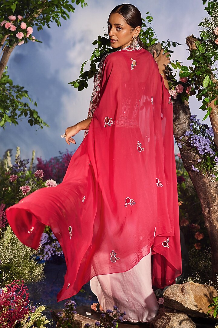 Cherry Red Georgette Sequins Embroidered Cape Set by Miku Kumar at Pernia's Pop Up Shop