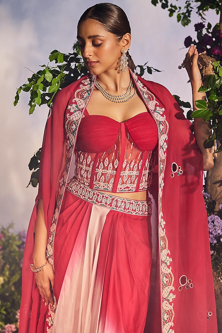Cherry Red Georgette Sequins Embroidered Cape Set by Miku Kumar at Pernia's Pop Up Shop