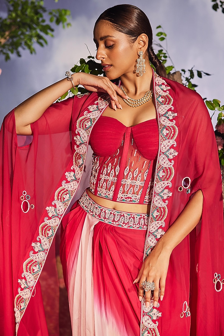 Cherry Red Georgette Sequins Embroidered Cape Set by Miku Kumar at Pernia's Pop Up Shop