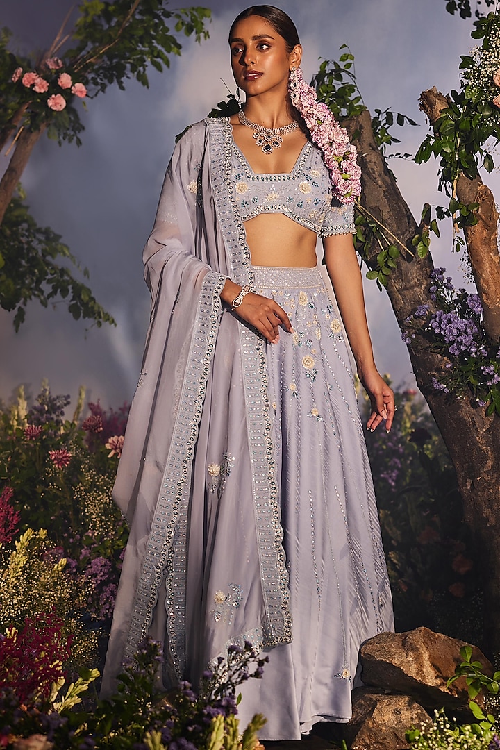 Ice Blue Georgette Silk Thread Embroidered Lehenga Set by Miku Kumar