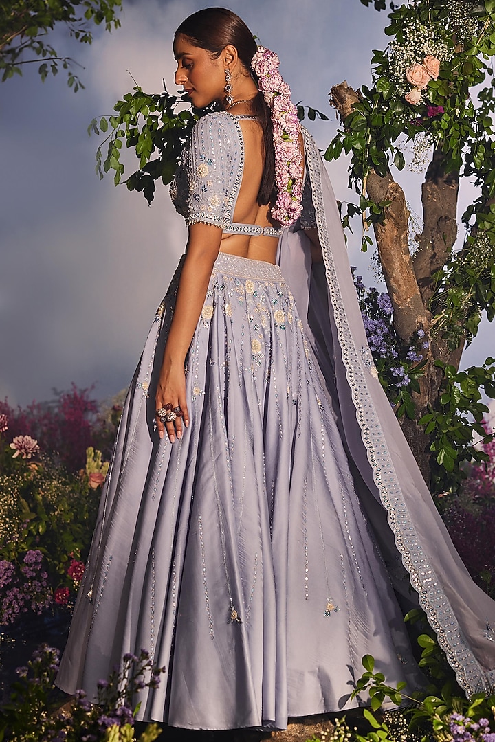 Ice Blue Georgette Silk Thread Embroidered Bridal Lehenga Set by Miku Kumar at Pernia's Pop Up Shop