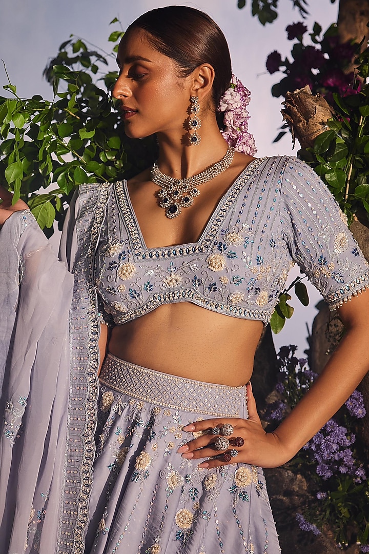 Ice Blue Georgette Silk Thread Embroidered Bridal Lehenga Set by Miku Kumar at Pernia's Pop Up Shop