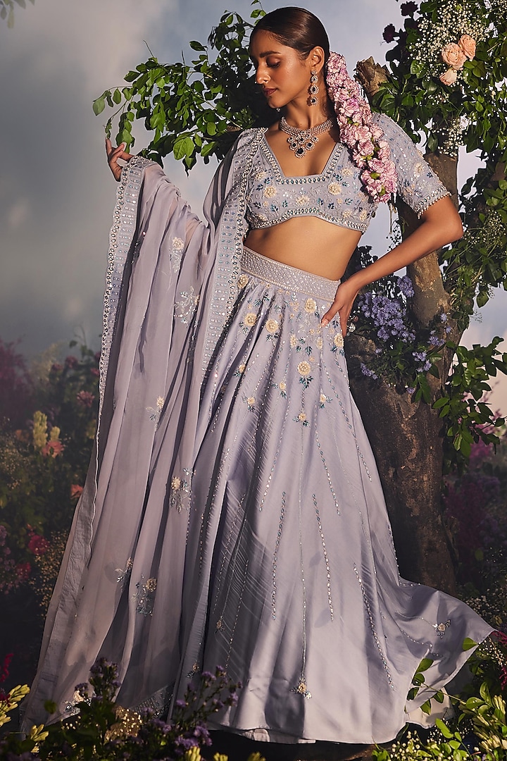 Ice Blue Georgette Silk Thread Embroidered Bridal Lehenga Set by Miku Kumar at Pernia's Pop Up Shop