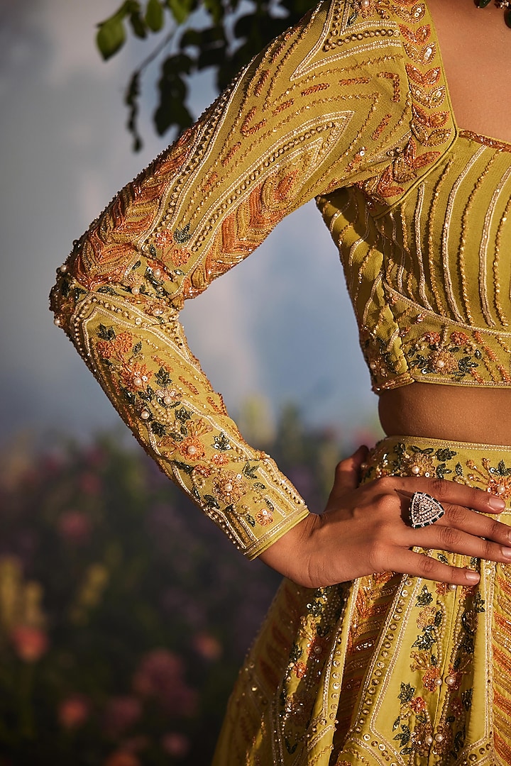 Green Georgette Silk Thread Embroidered Bridal Lehenga Set by Miku Kumar at Pernia's Pop Up Shop