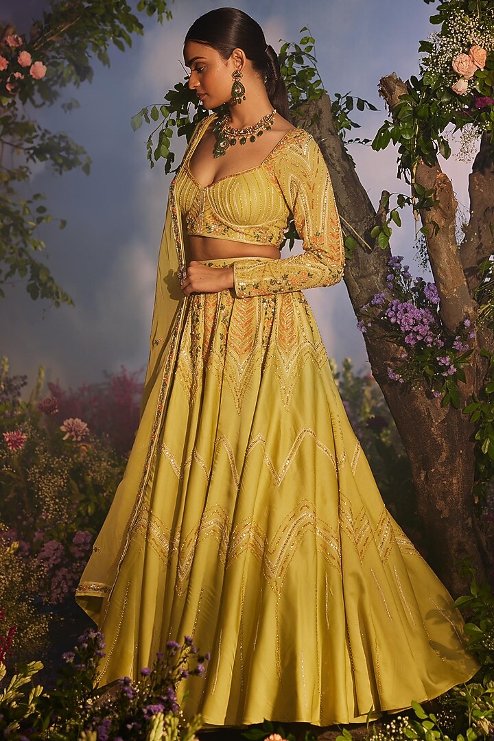 Green Georgette Silk Thread Embroidered Bridal Lehenga Set by Miku Kumar at Pernia's Pop Up Shop