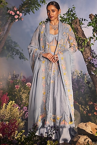 Ice Blue Satin Organza Thread Work Jacket Set by Miku Kumar