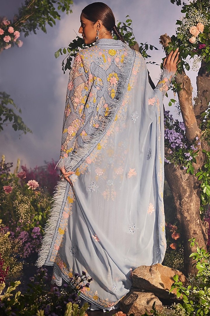 Ice Blue Satin Organza Thread Work Jacket Set by Miku Kumar at Pernia's Pop Up Shop