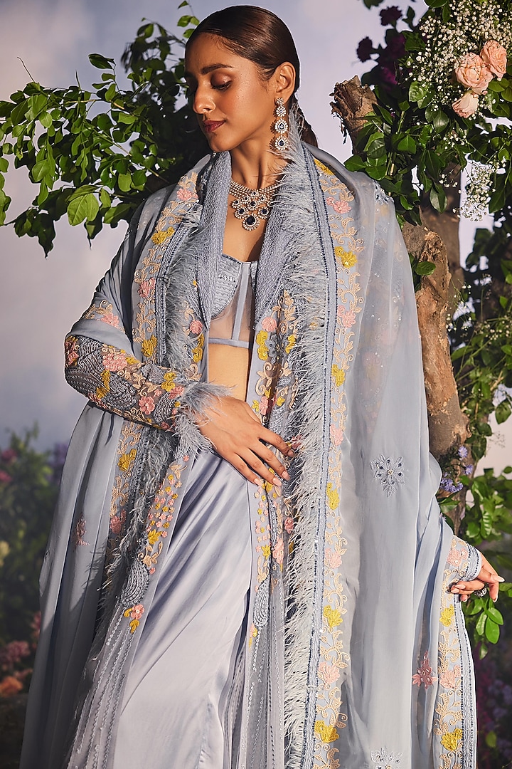 Ice Blue Satin Organza Thread Work Jacket Set by Miku Kumar at Pernia's Pop Up Shop