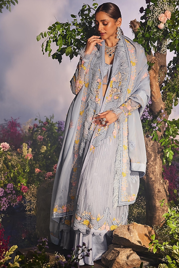 Ice Blue Satin Organza Thread Work Jacket Set by Miku Kumar at Pernia's Pop Up Shop