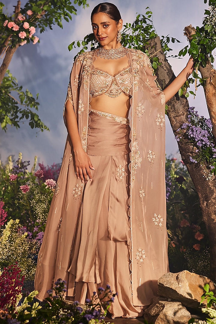 Golden Modal Satin Draped Layered Lehenga Set by Miku Kumar