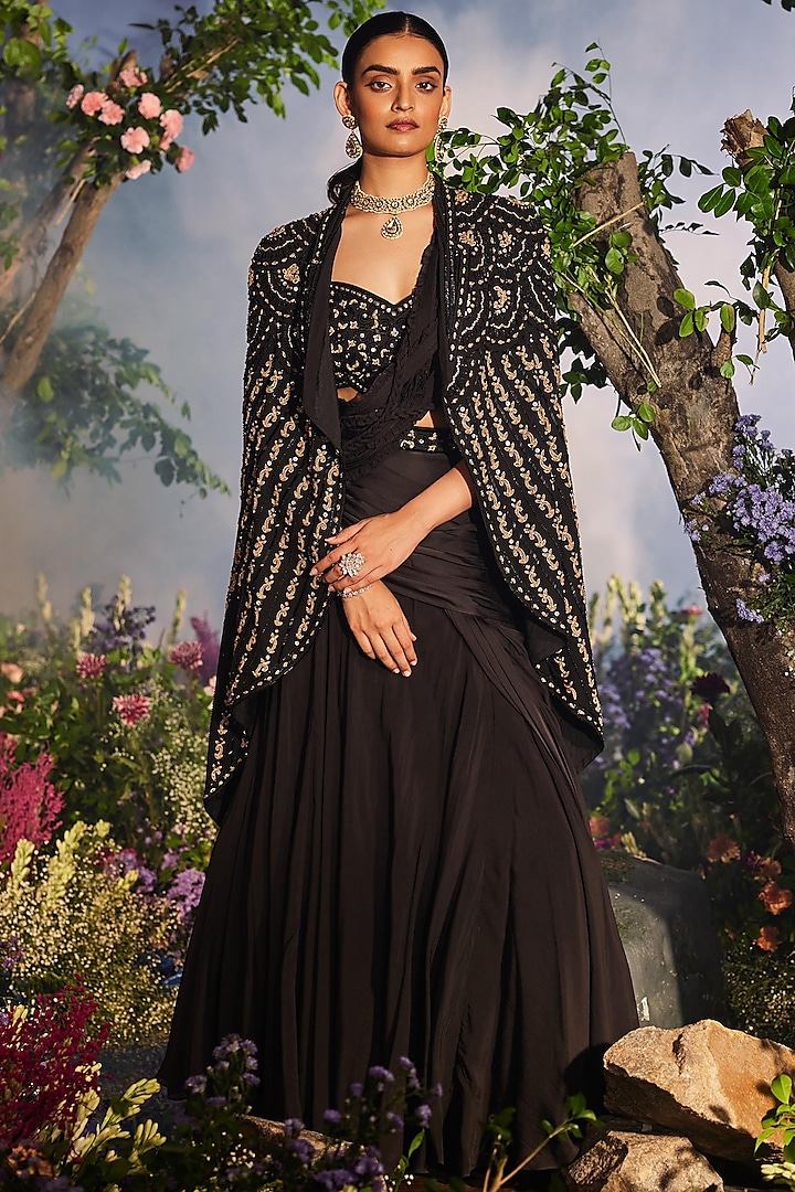 Black Georgette Draped Lehenga Saree Set by Miku Kumar