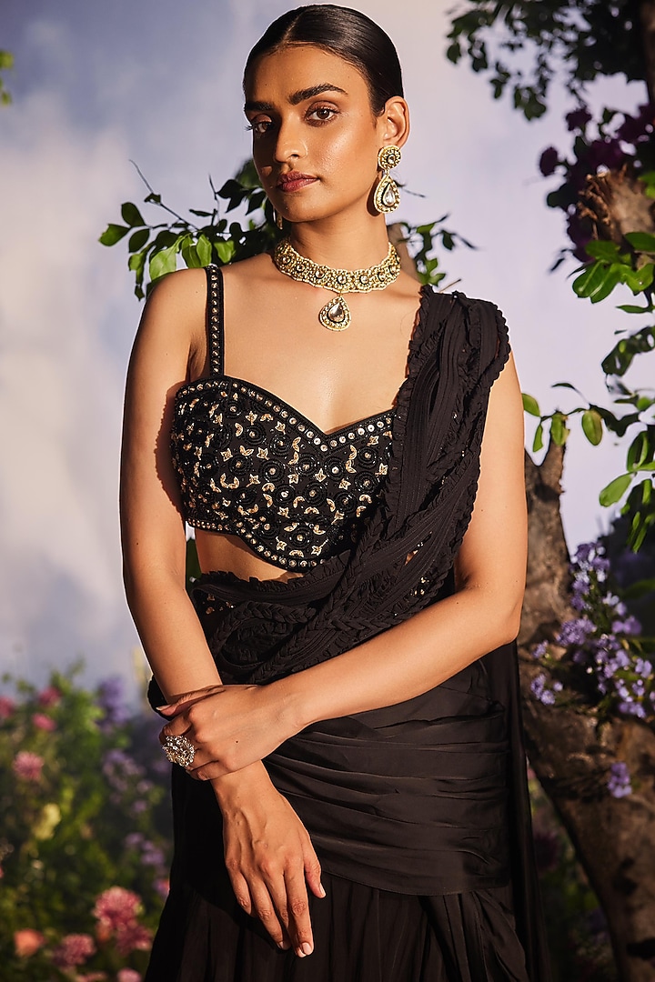 Black Georgette Draped Reception Lehenga Saree Set by Miku Kumar at Pernia's Pop Up Shop