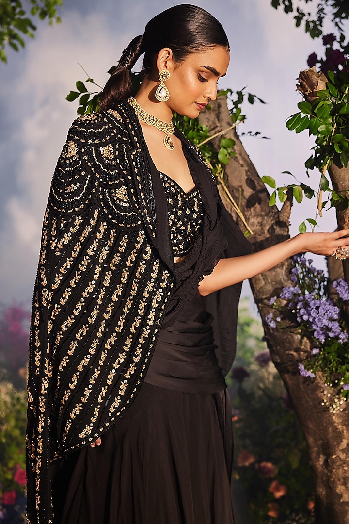 Black Georgette Draped Reception Lehenga Saree Set by Miku Kumar at Pernia's Pop Up Shop
