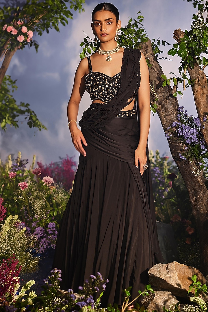 Black Georgette Draped Reception Lehenga Saree Set by Miku Kumar at Pernia's Pop Up Shop