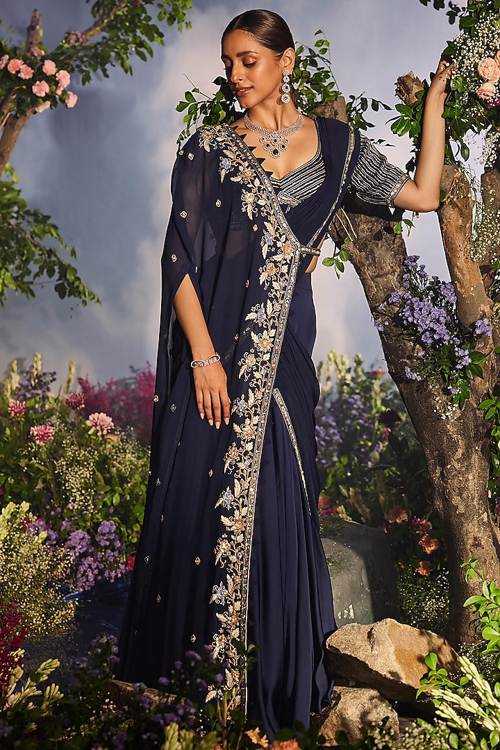 Navy Blue Georgette Draped Lehenga Saree Set by Miku Kumar