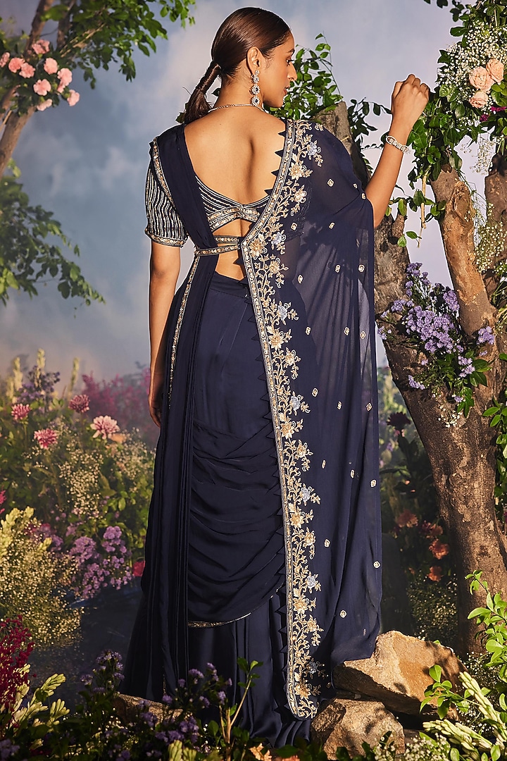 Navy Blue Georgette Draped Reception Lehenga Saree Set by Miku Kumar at Pernia's Pop Up Shop