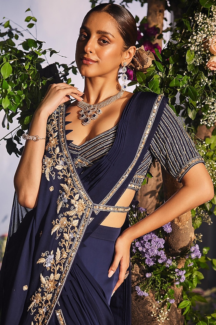 Navy Blue Georgette Draped Reception Lehenga Saree Set by Miku Kumar at Pernia's Pop Up Shop