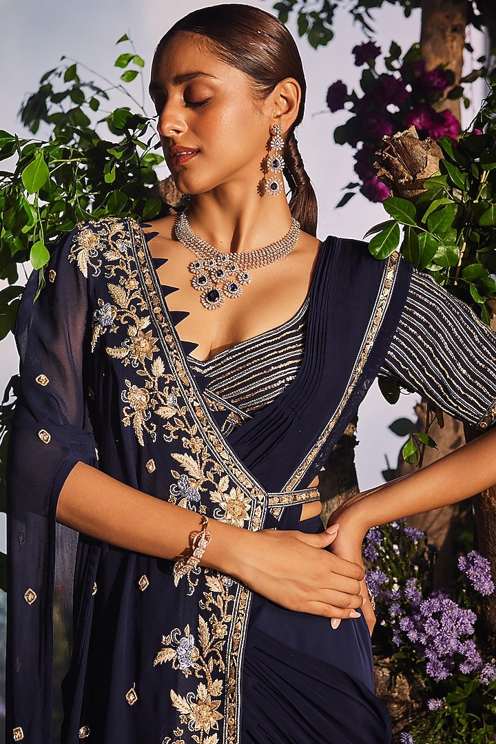 Navy Blue Georgette Draped Reception Lehenga Saree Set by Miku Kumar at Pernia's Pop Up Shop