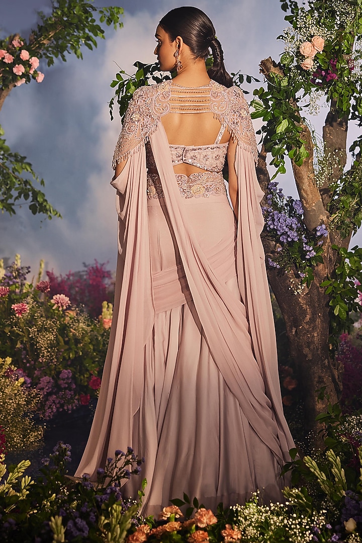 Lilac Modal Satin Draped Wedding Lehenga Saree Set by Miku Kumar at Pernia's Pop Up Shop