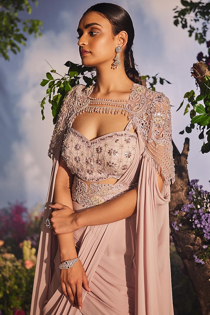 Lilac Modal Satin Draped Wedding Lehenga Saree Set by Miku Kumar at Pernia's Pop Up Shop
