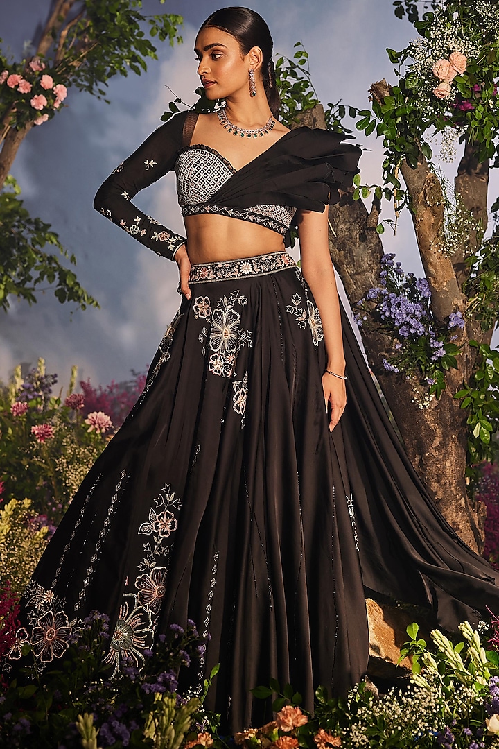 Black Satin Organza Thread Embroidered Lehenga Set by Miku Kumar