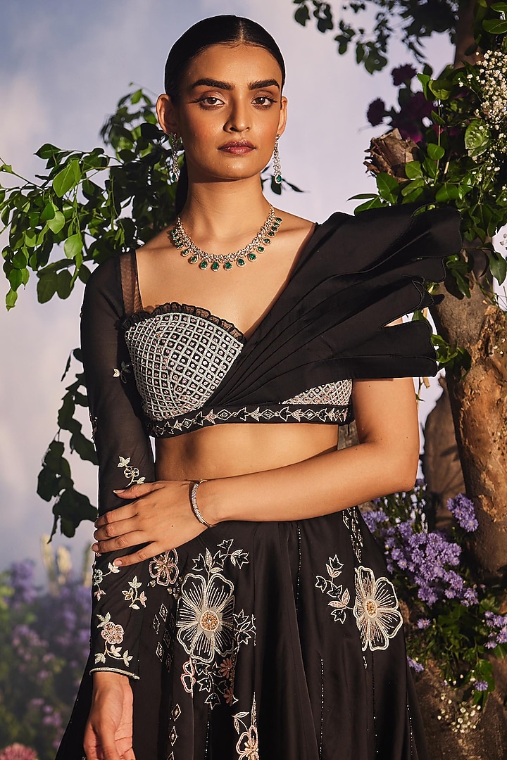 Black Satin Organza Thread Embroidered Wedding Lehenga Set by Miku Kumar at Pernia's Pop Up Shop